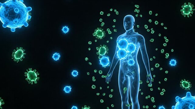 Human body defended by immune system against viral infection, microscopic view
