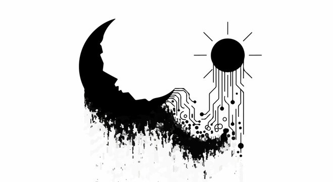 Abstract fusion of crescent moon face and technological sun with circuit lines