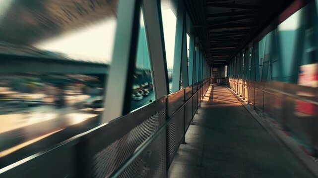 Urban pedestrian tunnel with motion blur perspective and vanishing point corridor, Futuristic bridge walkway with dynamic speed effect and portal city passage, dimension diminishing 4k