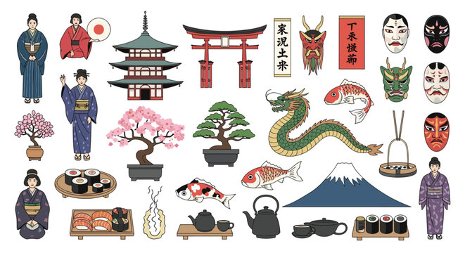 Diverse collection of Japanese cultural icons including a pagoda, torii gate, bonsai trees, sushi rolls, a dragon, and traditional clothing.