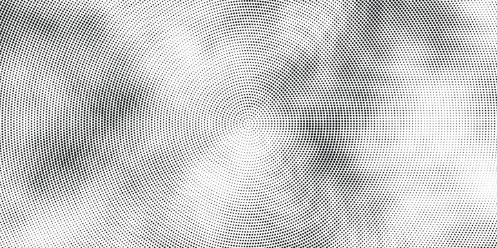 Illustration black and white halftone pattern radiates outward from center with artistic dot expansion and textured shading, graphic illustration