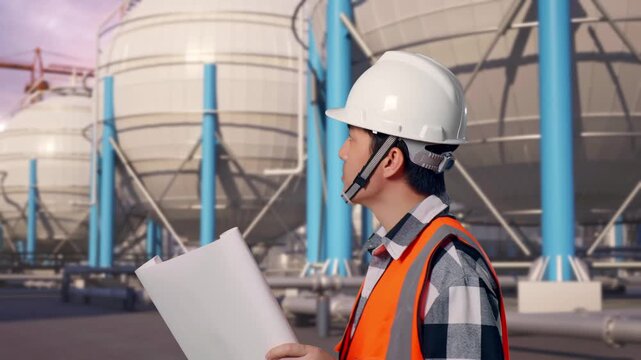 Side View of Asian Male Engineer Looking At Blueprint In His Hands While Walking with Spherical Propane Tanks with Fuel Gas Pipelines