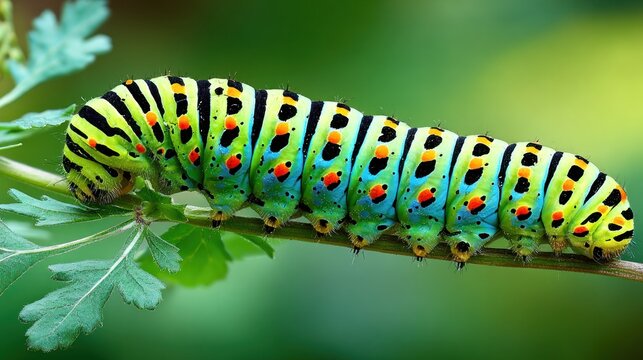 Vibrant caterpillar on a stem against blurred green background close up