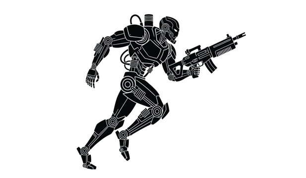silhouette of a robotic soldier running with a weapon black and white futuristic design on a transparent background high quality professional detailed modern elegant