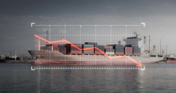 Cargo Ship Financial Decline, container vessel sailing across open water with industrial plant and sky in background. Downward graph with red arrow overlays scene, symbolizing economic downturn.
