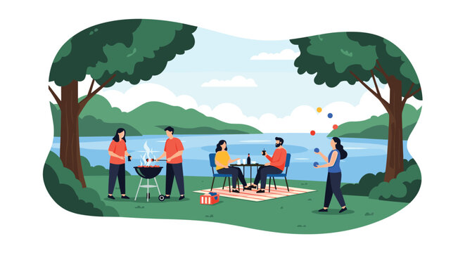 Group of friends enjoys a relaxing outdoor picnic by a scenic lake with a barbecue, meal at a table, and playful juggling on a sunny day in the park.
