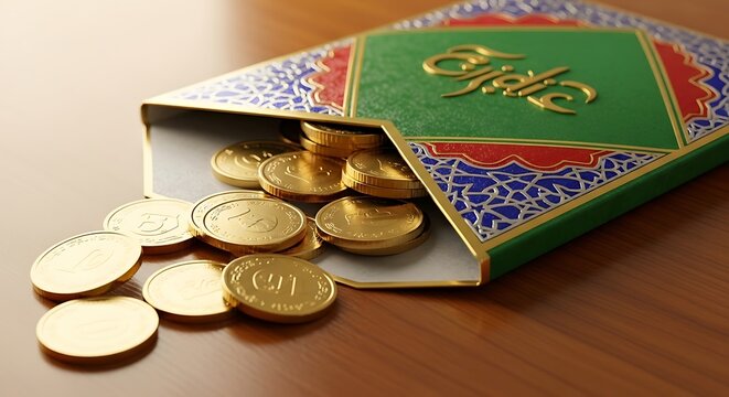Islamic green envelope with gold coins for Eidi gift
