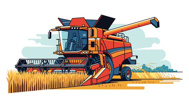 Powerful modern red combine harvester machine working efficiently in a vast golden wheat field under a bright blue sky for agricultural production.