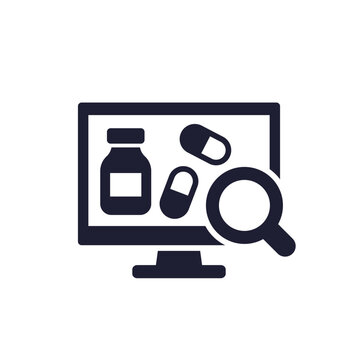 medicine search icon with pills and computer