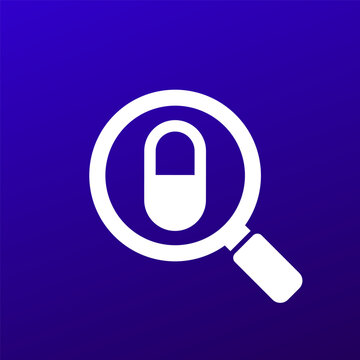 medicine search vector icon with pill and magnifying glass