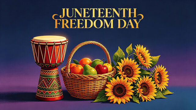 African drums, fruit baskets, and sunflower elements showcase the cultural heritage of black people and convey the historical commemoration of celebrating liberation, unity, and freedom.
