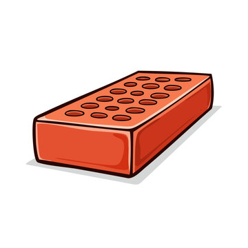 Red clay brick with circular holes, a building material used in construction, isolated on white