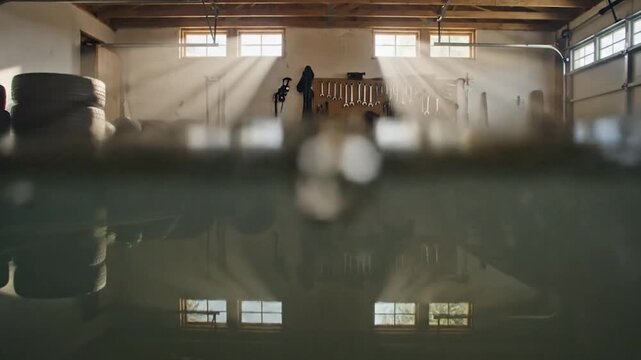 Flooded Basement with Sunlight Rays and Household Items.