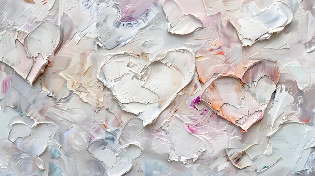 Thick impasto oil paint texture forms subtle heart shapes on a canvas surface.