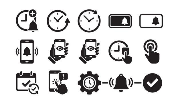 Time management and notification icons for alerts and scheduling with management