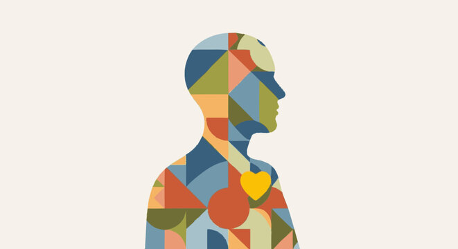 Abstract human silhouette with colorful geometric patterns and heart