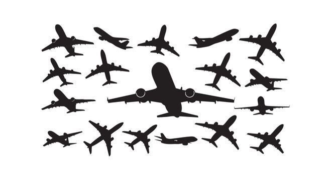 Airplane silhouette collection vector illustration depicting diverse commercial and private aircraft in various flight paths.