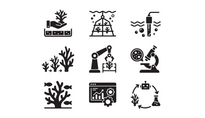 Obraz premium Icons illustrating coral reef farming and marine research technology