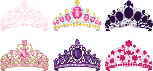 Vector illustration of ornate tiaras with gemstones and filigree patterns in decorative crown design © Mossadessur Rahman