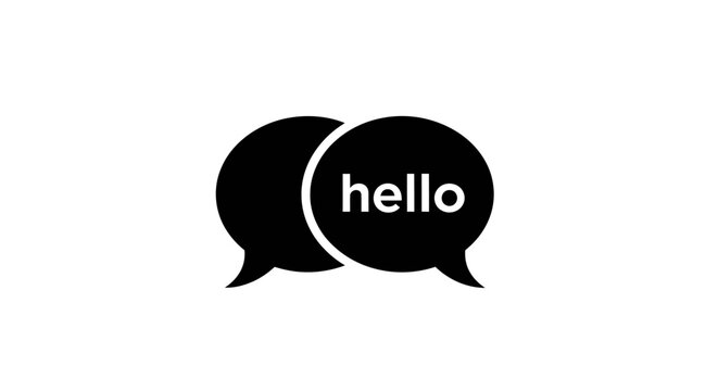 Black Speech Bubbles Icon with Hello Text on White Background