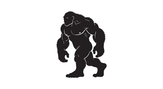 Bigfoot silhouette, cryptid creature, legendary sasquatch monster walking, detailed vector illustration isolated on white.