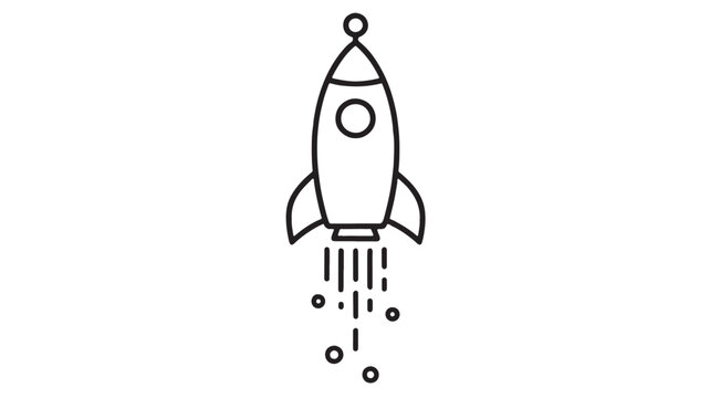Rocket ship icon with simple black line art, fins, window circle and dynamic motion splash effect featuring vector style, space, launch with startup