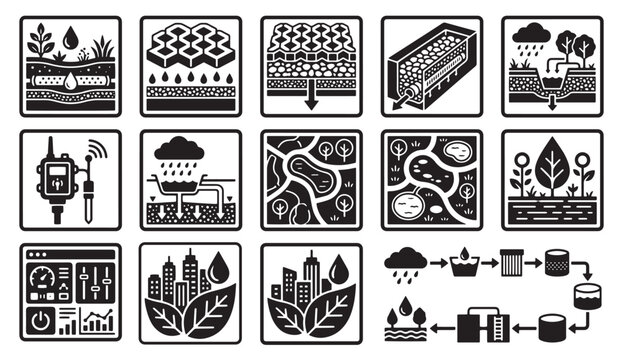 Water management and sustainability icons: irrigation and drainage systems