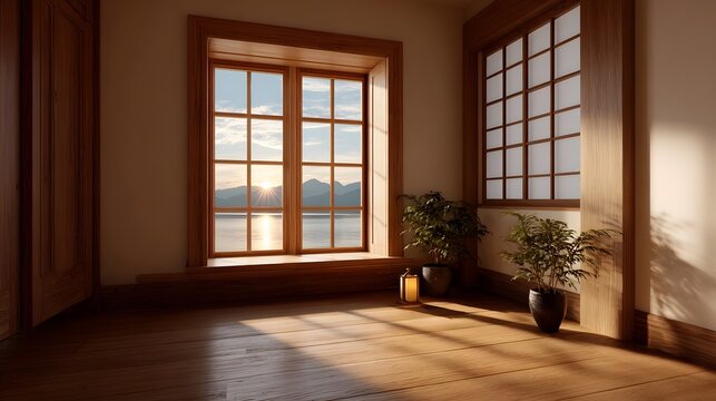 A tranquil interior bathed in warm sunlight featuring a large window that overlooks a serene body of water and mountains