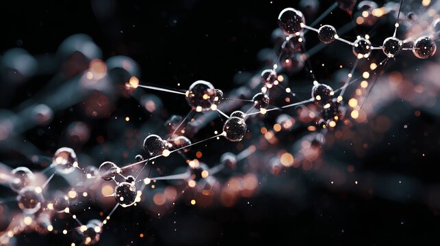 A shimmering abstract representation of a DNA strand or molecular structure with glowing golden nodes and connecting lines.