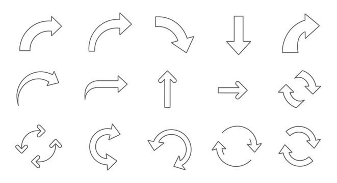 A collection of various outline arrow icons, including straight, curved, rotating, and directional pointers for user interface design.