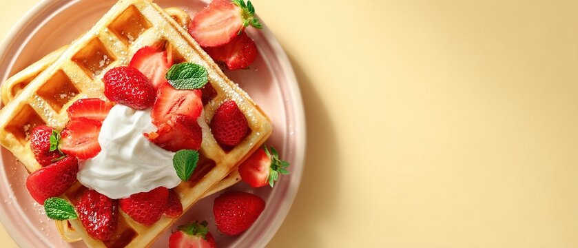 Golden waffle topped with fresh strawberries whipped cream and mint on plate