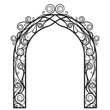 Ornate wrought iron archway vector illustration with decorative swirls isolated on white background