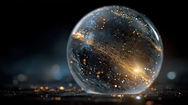 Crystal Sphere of Innovation: Glimmering orb embodying future technology, showcasing interconnected data streams and energy. A visual ode to the dawn of new scientific breakthroughs.