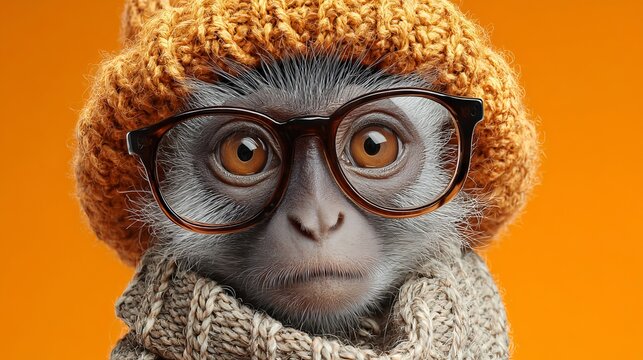 An adorable monkey wearing an orange knitted hat, a matching scarf, and stylish eyeglasses, looking thoughtfully ahead.