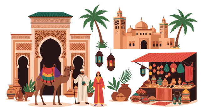 Assortment of Moroccan cultural elements featuring traditional architecture, people in local attire, a camel, and artisanal market stalls.