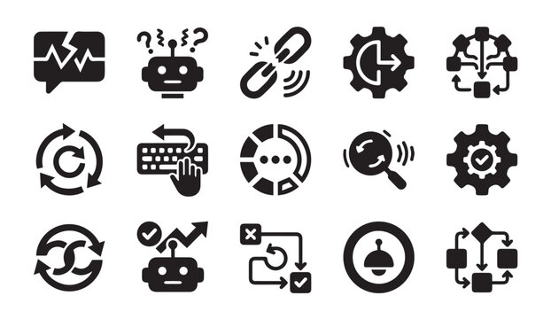 Set of black and white icons for technology processes with technology, workflow