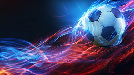 Naklejka premium Dynamic Soccer Ball with Light Trail Motion Effect on Dark Background