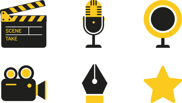 Colorful icons representing filmmaking broadcasting and creative arts in a flat design style