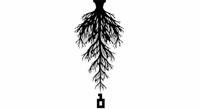Abstract black tree roots transforming into digital code on white background