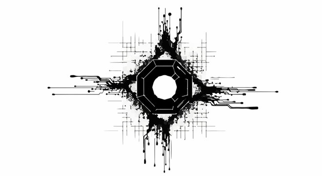 Abstract futuristic geometric design with digital data streams emanating outwards