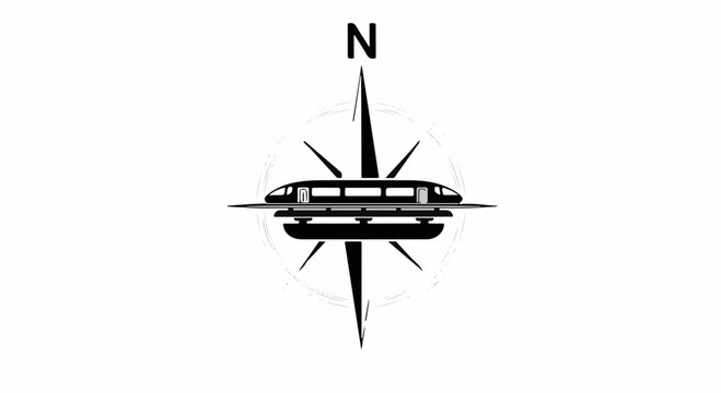 Modern monorail train traveling on a compass rose indicating direction