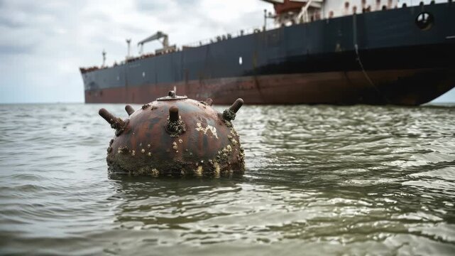 Naval mine floating in water with large cargo ship in background. Concept of maritime security and naval warfare. Low angle panning shot.
