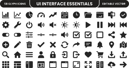 UI Interface Essentials Icon Set Featuring Navigation, Controls, Media, Settings, Files, Actions and User Interaction Elements © Mahfujahmmed