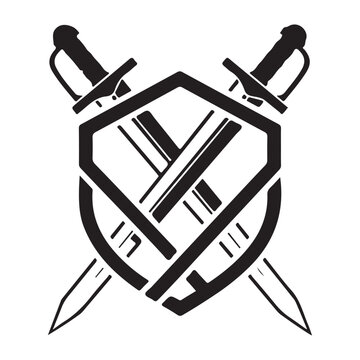 Black silhouette emblem of a shield and two crossed swords vector icon isolated on white background