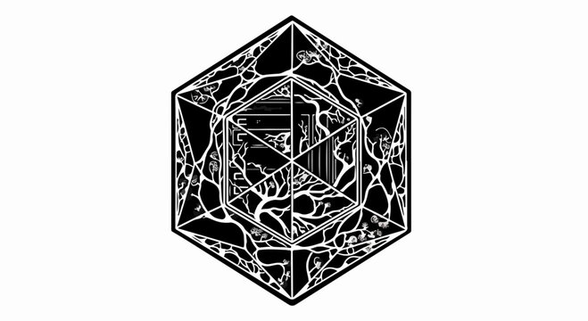 Intricate geometric crystal pattern with organic elements, symbolizing complex systems and natural design