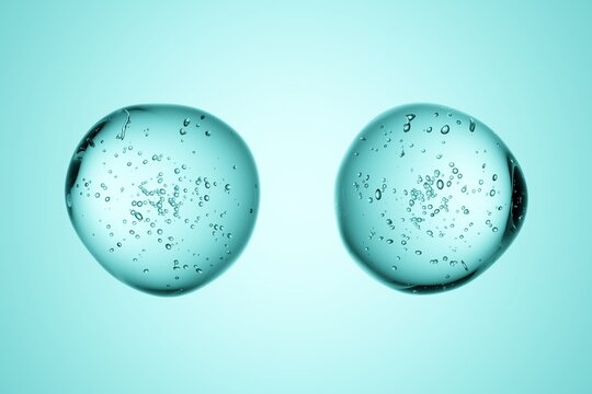 Water droplets with air bubbles on turquoise background, 3D render