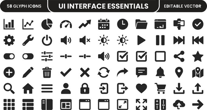 UI Interface Essentials Icon Set Featuring Navigation, Controls, Media, Settings, Files, Actions and User Interaction Elements