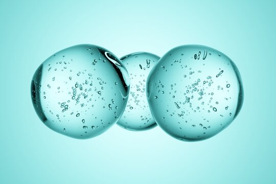 Transparent gel spheres with bubbles, light blue background, 3D render