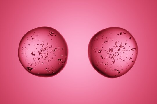 Pink liquid drops with air bubbles, 3D render, soft pink background