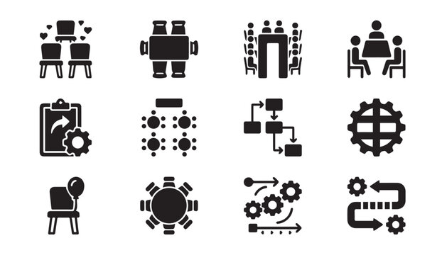 Business meeting and workflow icons: chairs tables flowchart gears with business